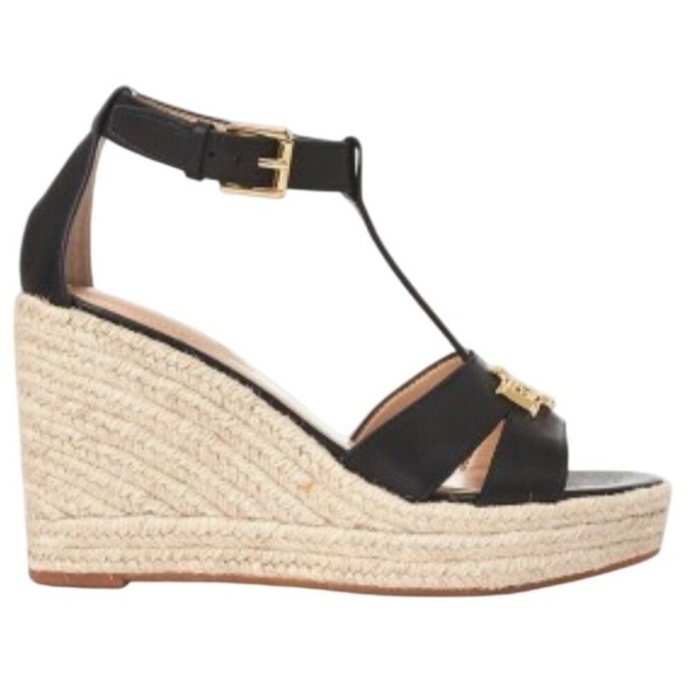 Ralph Lauren Hale Black Leather Espadrille Wedge Sandals Size 8.5 Buckle LRL - Picture 3 of 10